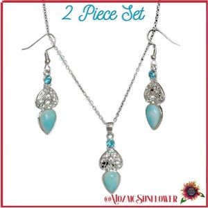 Aquamarine Larimar Silver Filigree Necklace and French Hook Earrings SET